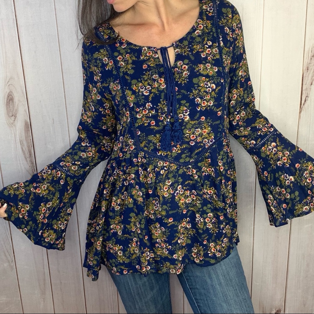 The Giovanna Blouse- navy floral bell peasant top - Picture 5 of 13